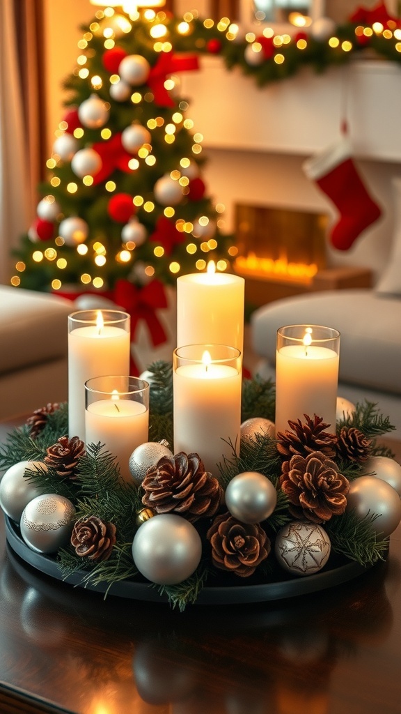 A festive coffee table centerpiece featuring candles, pinecones, and ornaments.