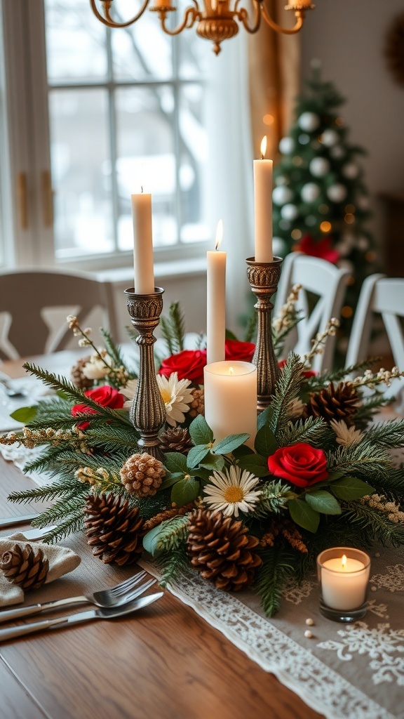A cozy winter dining table centerpiece featuring candles, pinecones, and flowers.