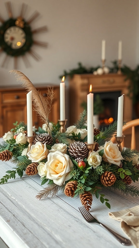 A winter dining table centerpiece featuring cream roses, pinecones, and candles.