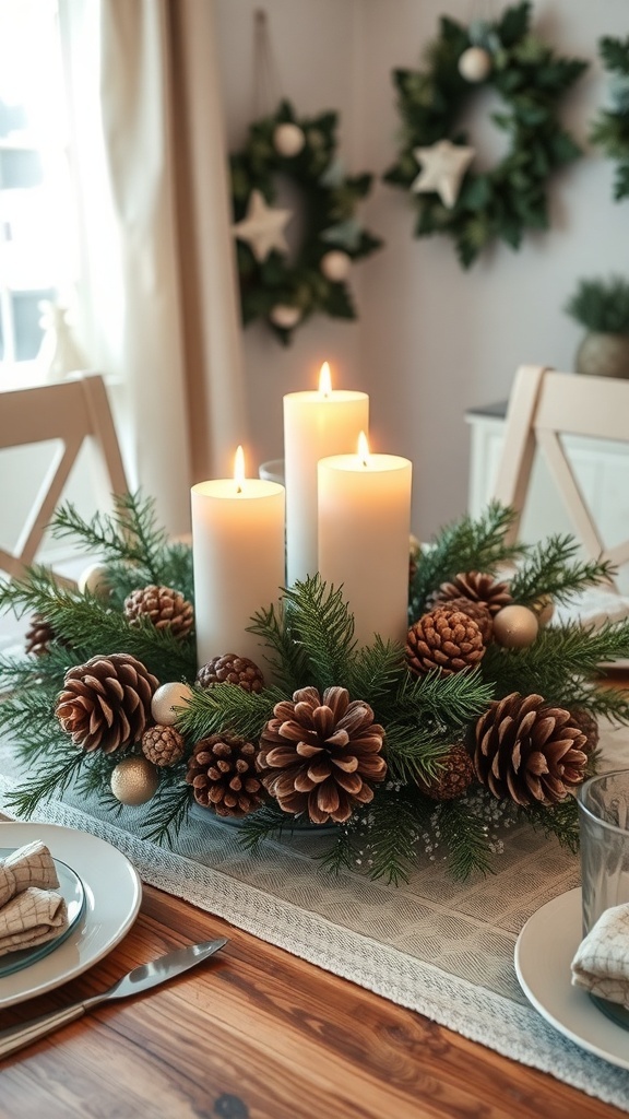 A dining table centerpiece featuring three white candles surrounded by pinecones and greenery.