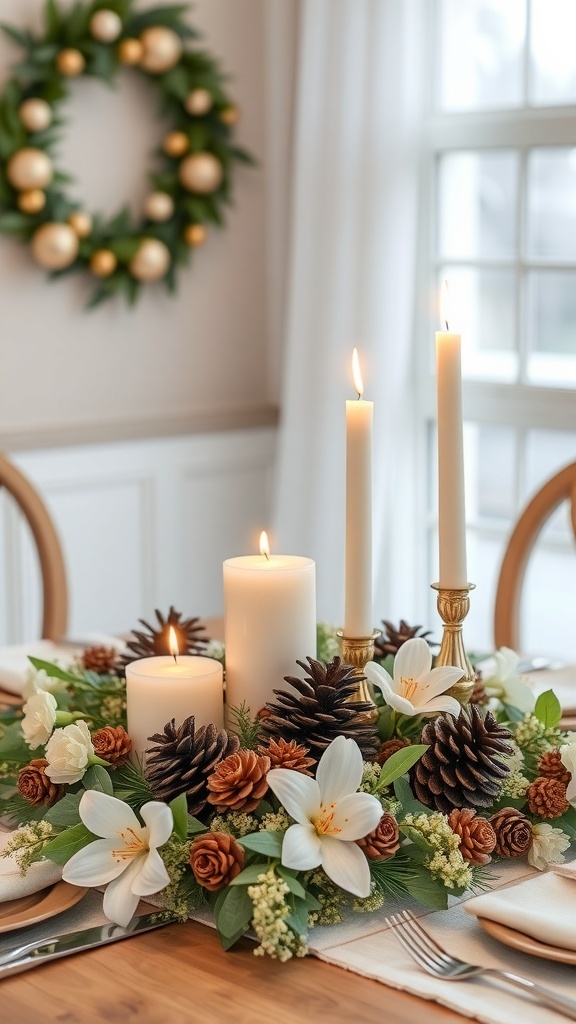A cozy dining table centerpiece featuring candles, pinecones, and fresh flowers.