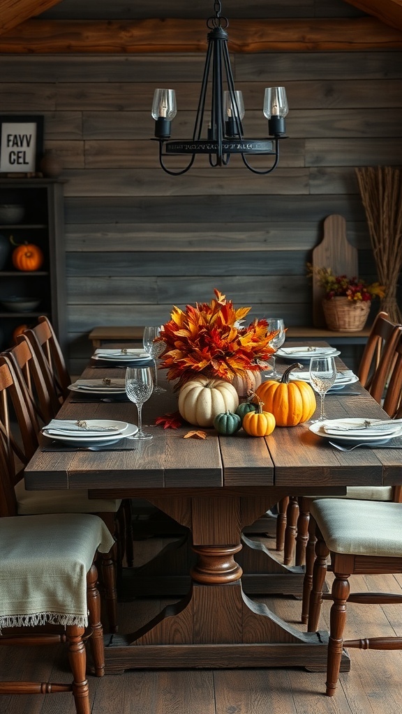 A rustic dining table decorated with pumpkins and autumn leaves.