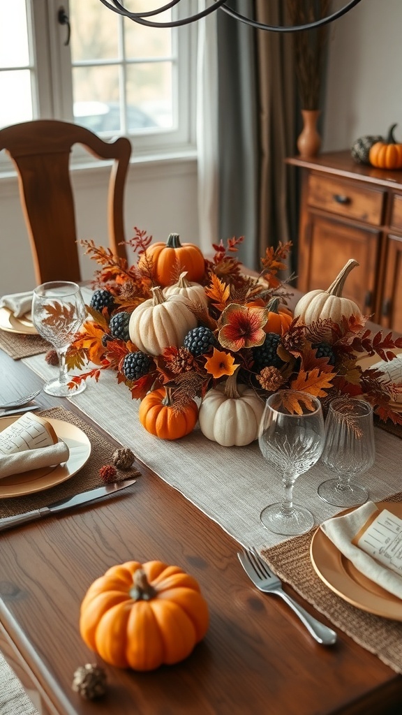 A beautifully arranged fall centerpiece with pumpkins, autumn leaves, and berries on a dining table.