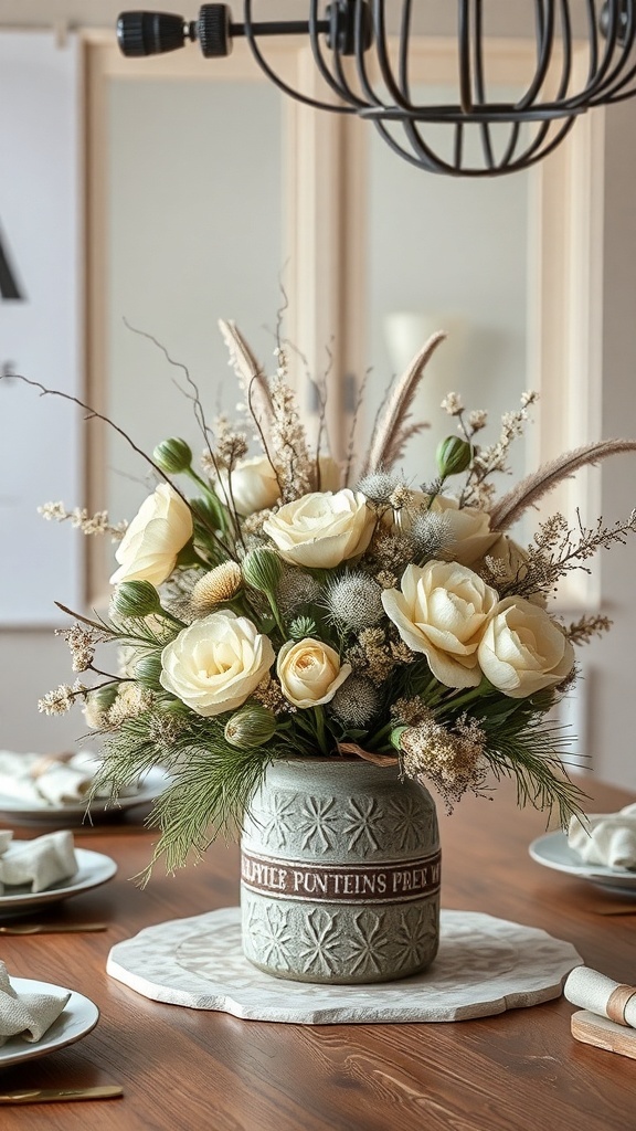 A neutral fall centerpiece featuring creamy roses and dried flowers in a ceramic vase on a wooden table.