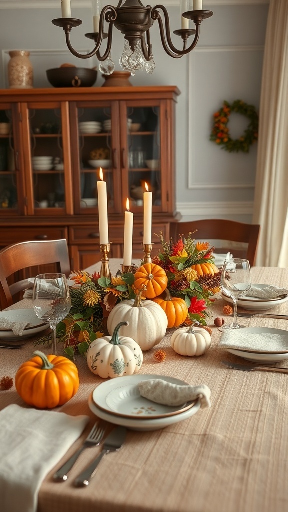 A fall-themed dining table centerpiece featuring pumpkins, candles, and autumn foliage.