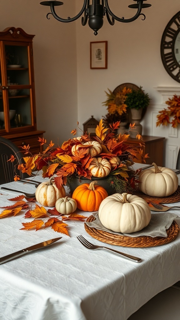 A beautifully arranged fall centerpiece featuring pumpkins and autumn leaves on a dining table.