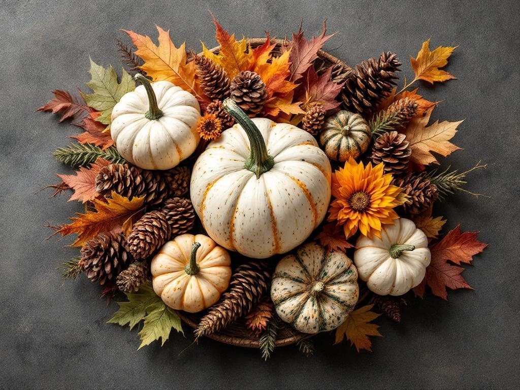 A rustic Thanksgiving centerpiece featuring pumpkins, pinecones, autumn leaves, and sunflowers.