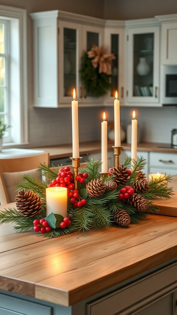 A festive kitchen centerpiece featuring pinecones, red berries, and candles on a wooden table.