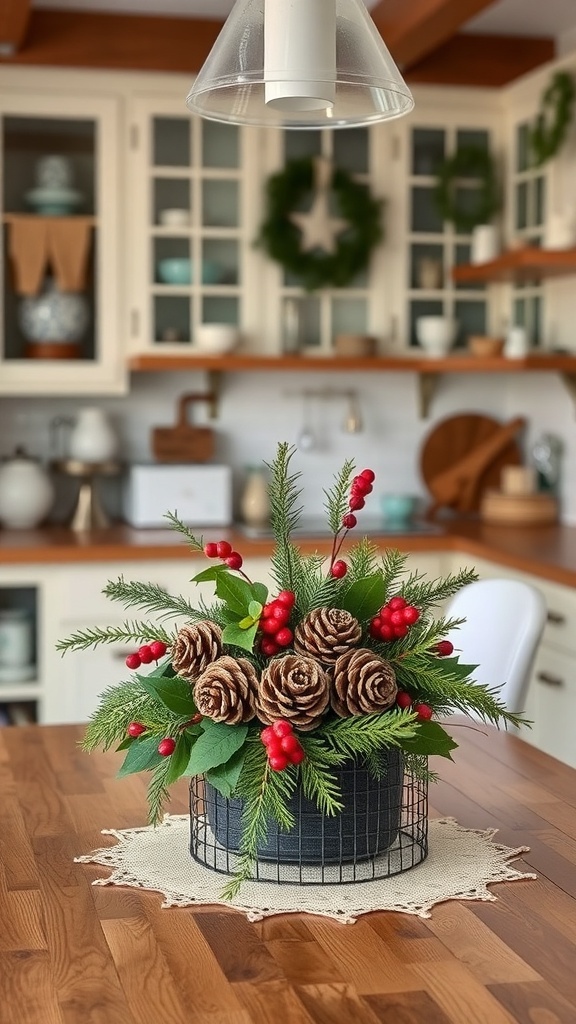 A farmhouse kitchen centerpiece featuring pinecones, red berries, and greens in a wire basket.