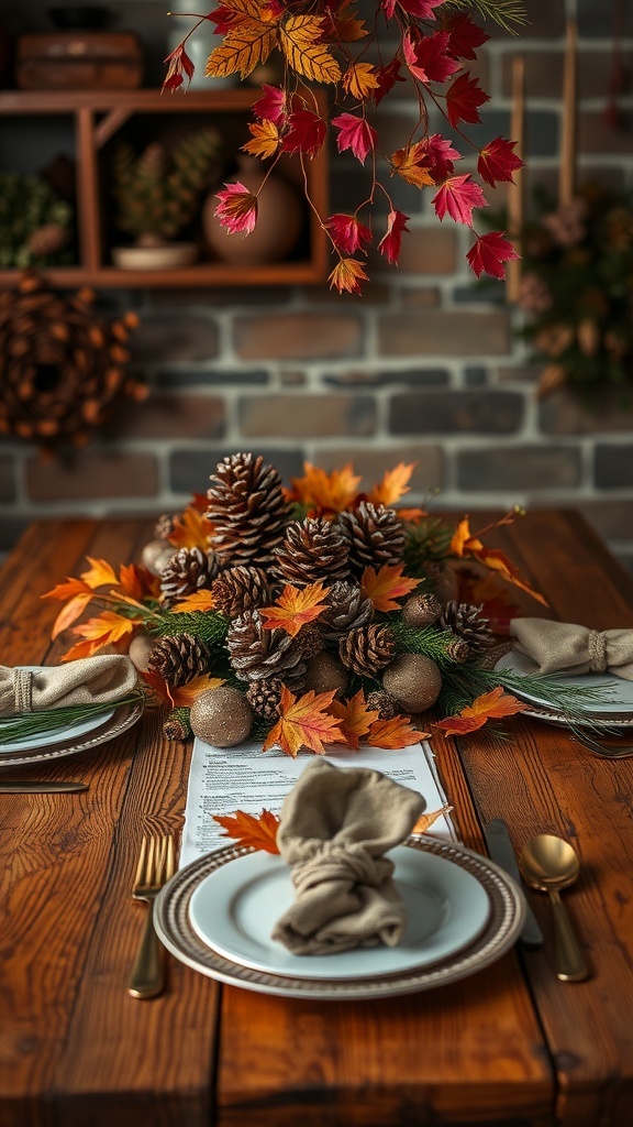 A rustic dining table set with a seasonal centerpiece featuring pinecones and autumn leaves.