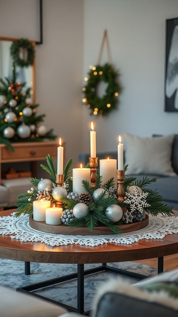 A winter-themed centerpiece featuring candles, pine branches, and silver ornaments on a wooden table.