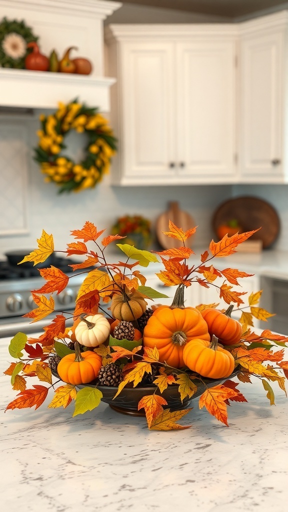 A farmhouse kitchen counter decorated with a fall centerpiece featuring pumpkins and autumn leaves.
