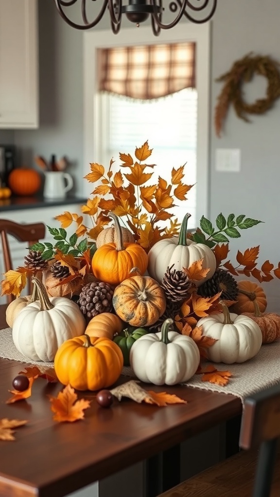 A cozy kitchen table decorated with a centerpiece of pumpkins, autumn leaves, and pinecones.