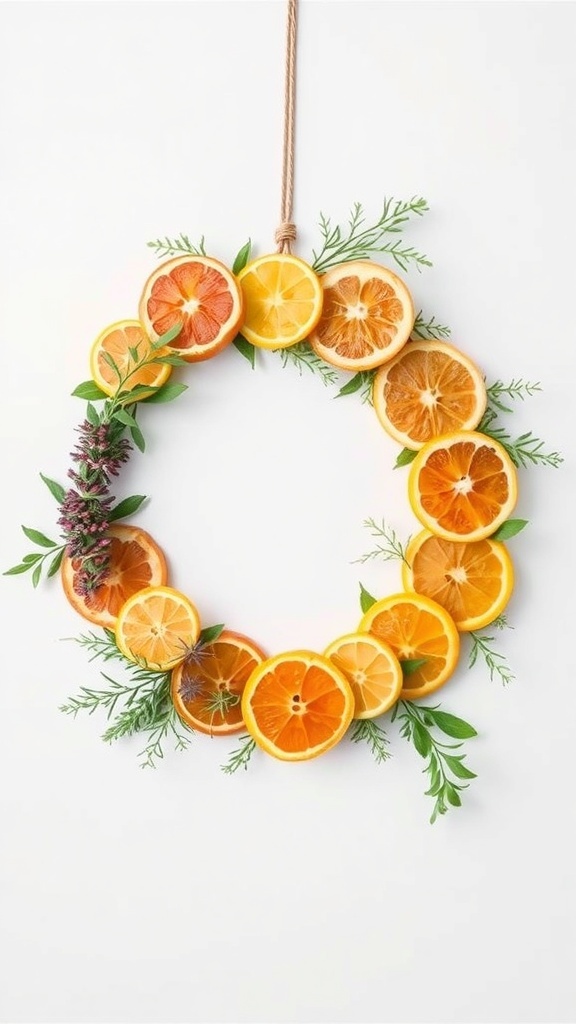 A circular wreath made of dried citrus slices and fresh herbs, showcasing vibrant colors and natural elements.