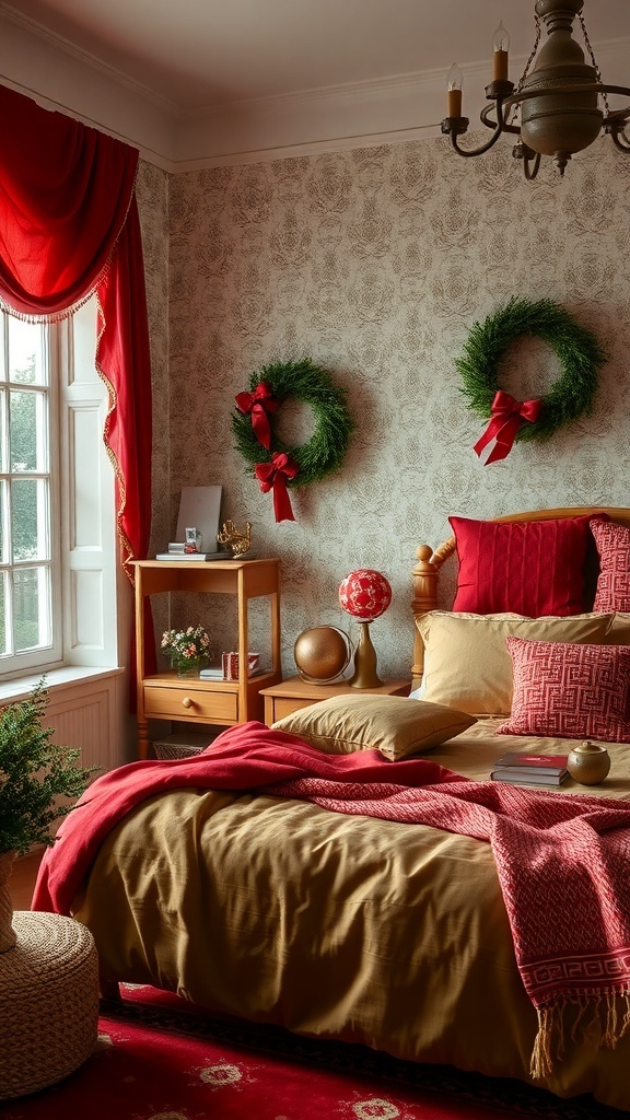 Cozy bedroom decorated for Christmas with red and green accents.