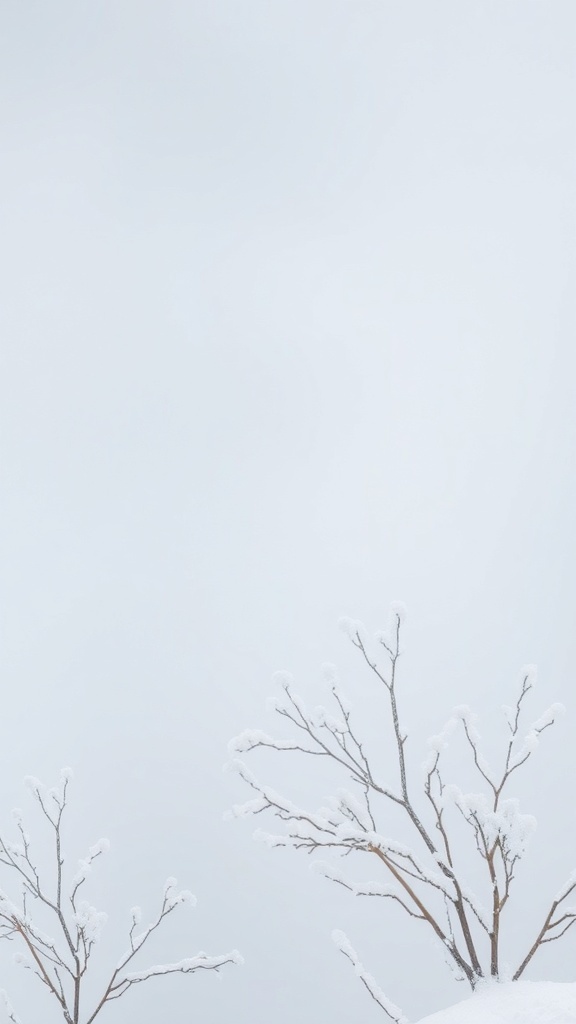 A serene winter landscape with bare branches and a soft white background.