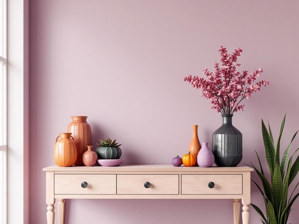 A Halloween-themed entry table with colorful vases, pumpkins, and flowers against a pink wall.