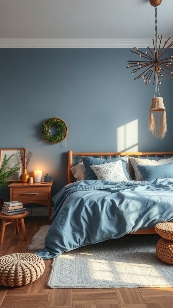 A cozy winter bedroom with blue walls, a wooden bed, and warm textures.