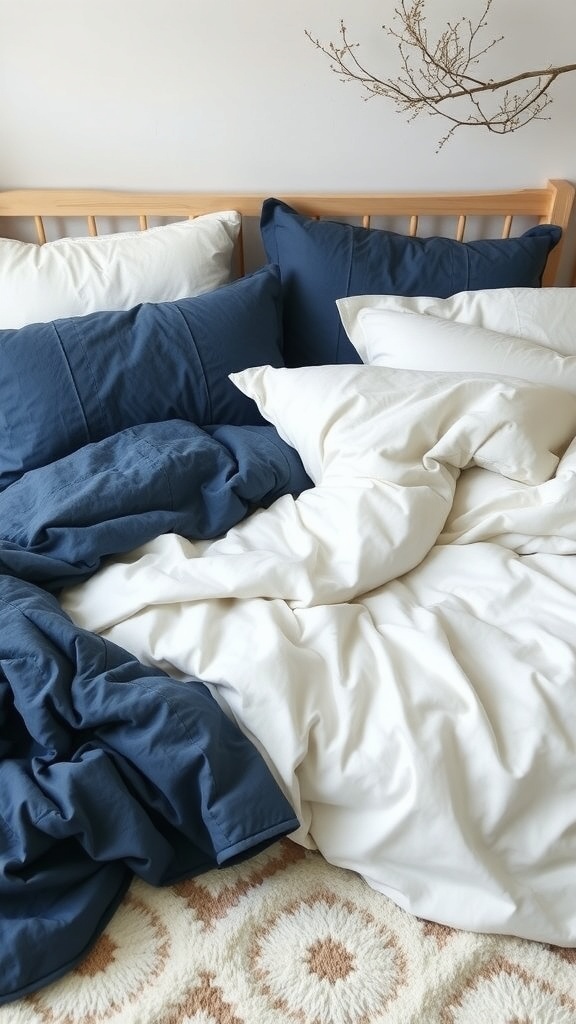 Cozy winter bedding with deep blue and white colors.