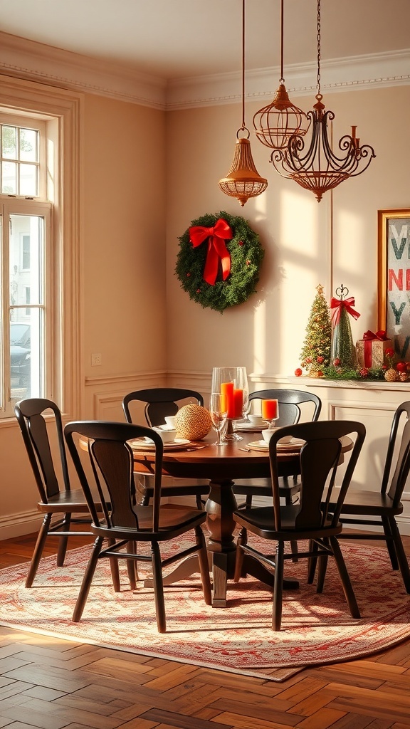 A cozy Christmas dining room with a round table, black chairs, and festive decorations.