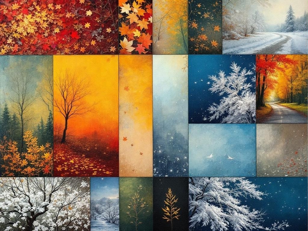 A collage of seasonal landscapes showcasing autumn leaves and winter scenes.