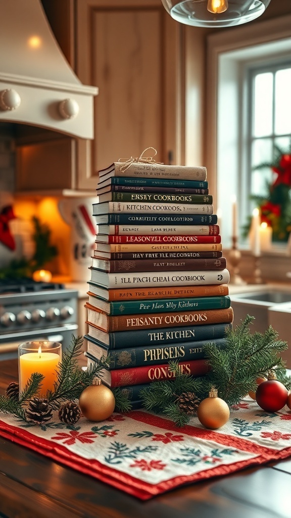 A stack of colorful cookbooks arranged on a kitchen counter with a festive towel.