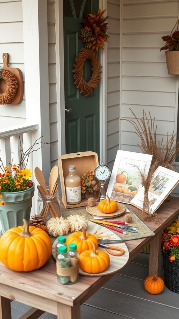 A fall-themed porch setup with pumpkins, flowers, and crafting supplies.