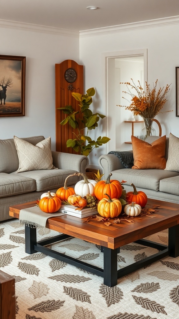 Cozy fall living room with pumpkins on a coffee table and warm decor accents