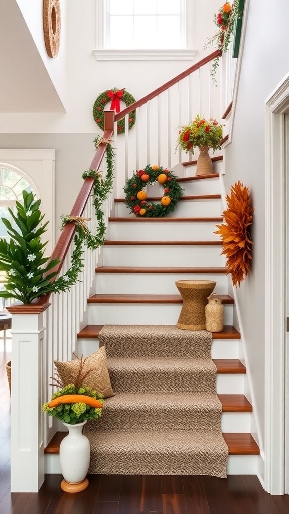 A beautifully decorated modern farmhouse staircase with seasonal decor, including wreaths and potted plants.