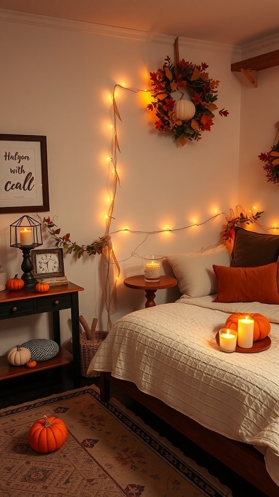 Cozy fall bedroom with pumpkins, candles, and autumn decor.