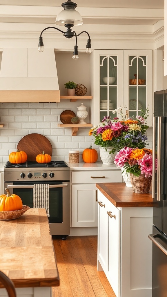 A cozy farmhouse kitchen decorated for autumn with pumpkins and flowers.