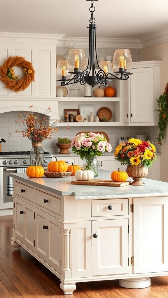 A beautifully decorated farmhouse kitchen island with pumpkins and flowers.
