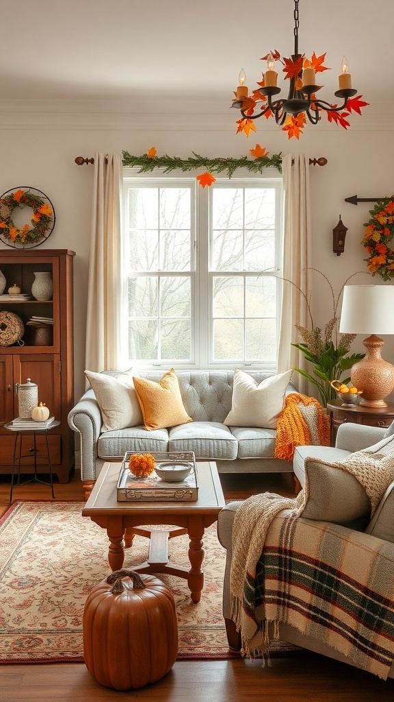 Cozy farmhouse living room with seasonal decor accents