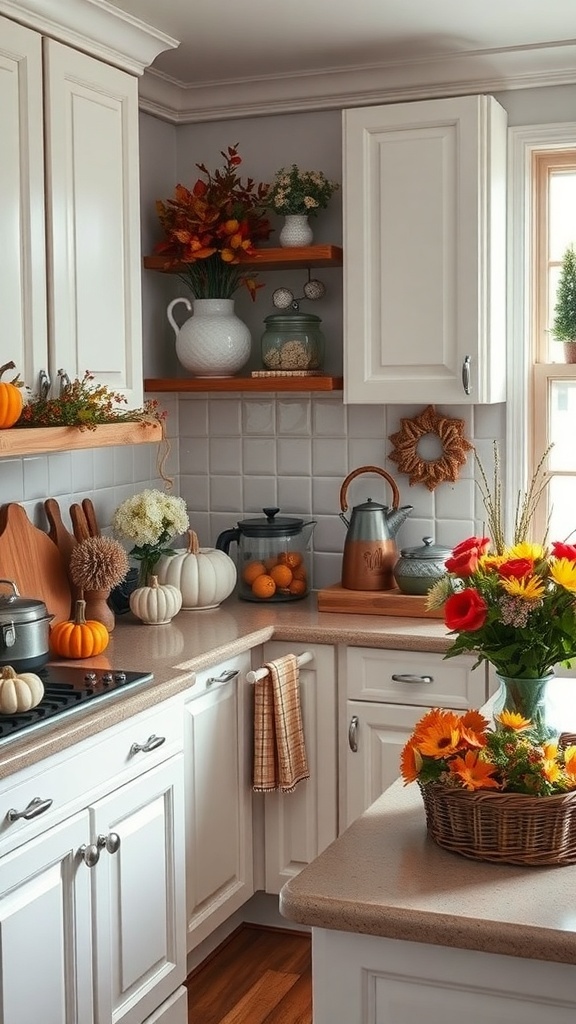 A cozy farmhouse kitchen decorated with seasonal flowers and pumpkins.