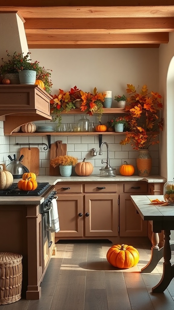 A cozy Italian farmhouse kitchen decorated with pumpkins and autumn leaves.