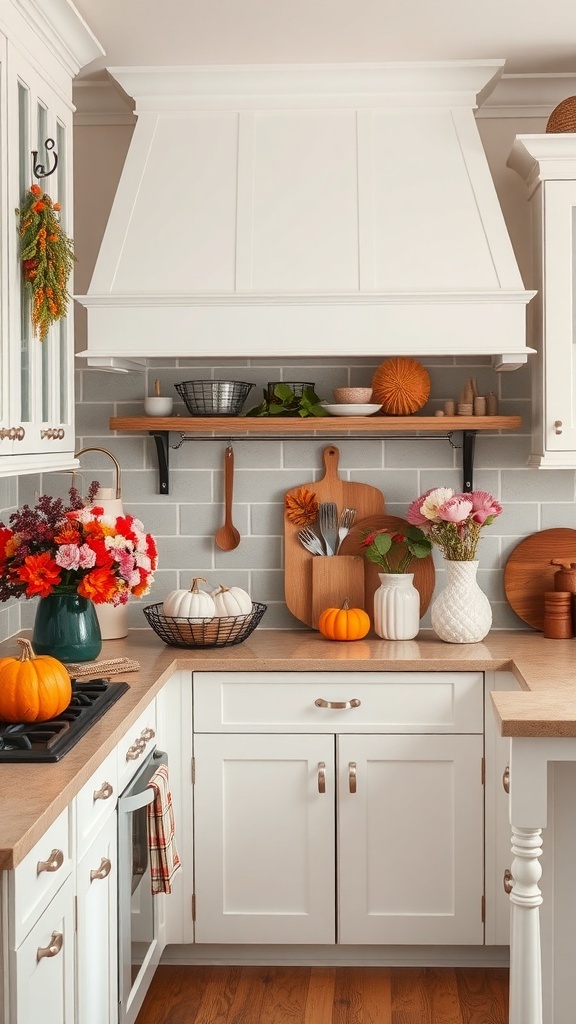 A cozy farmhouse kitchen decorated with seasonal flowers and pumpkins.