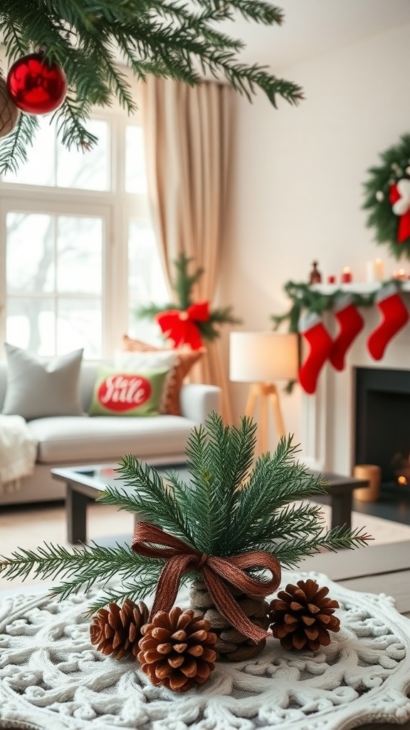 A cozy winter living room with festive decor, featuring a centerpiece of pinecones and greenery, colorful ornaments, and stockings.
