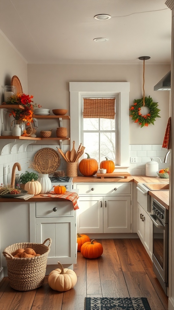 A cozy English farmhouse kitchen decorated with pumpkins and seasonal decor.