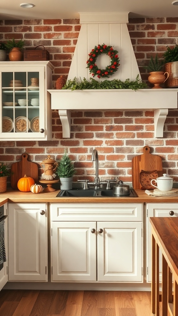 A cozy farmhouse kitchen featuring a brick backsplash, decorated with seasonal items like a wreath and pumpkins.