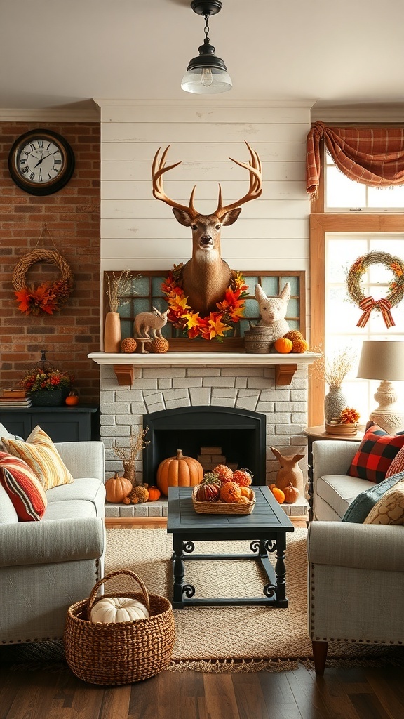 A cozy farmhouse living room featuring a deer mount with seasonal decor like pumpkins and autumn leaves.