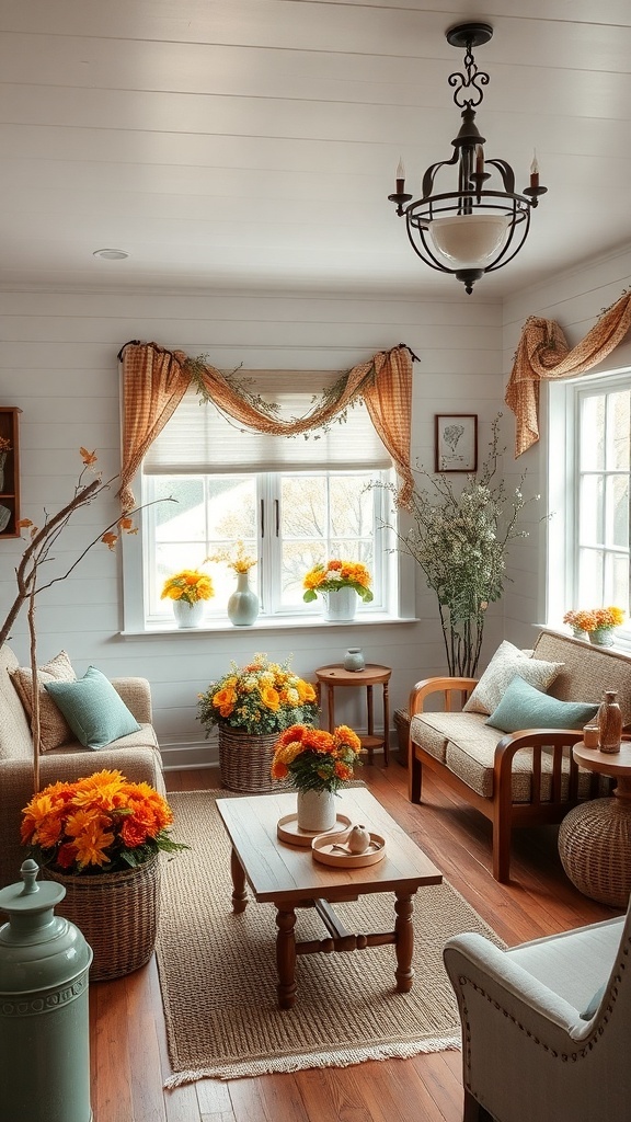 Cozy cottage living room decorated for fall with warm colors and floral arrangements.
