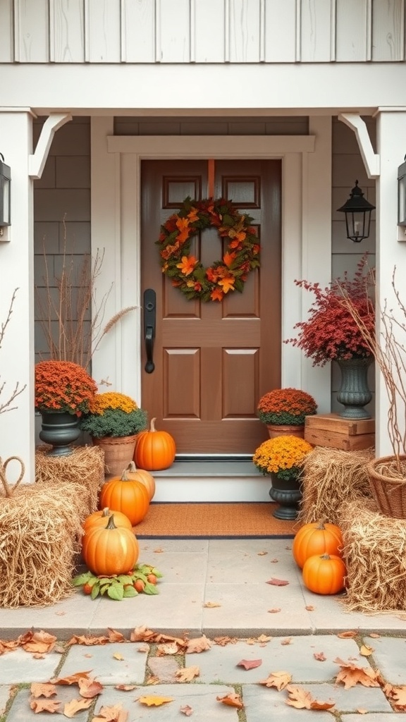 A rustic farmhouse entryway decorated for fall with pumpkins, a wreath, and hay bales.