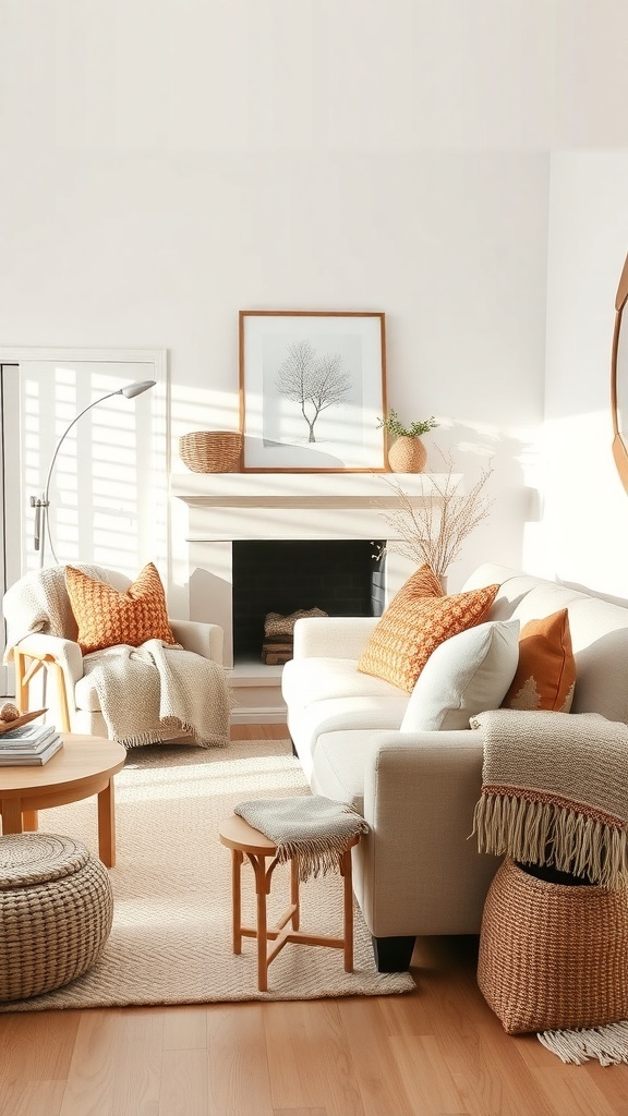 A neutral living room with cozy decor, featuring a light sofa, orange cushions, and a warm atmosphere.