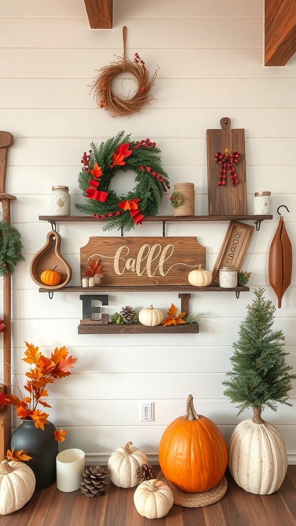 A modern farmhouse decor display featuring pumpkins, a wreath, and wooden signs.