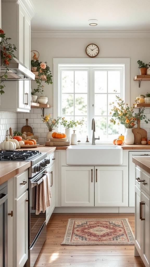 A cozy farmhouse kitchen decorated for autumn with pumpkins and flowers.
