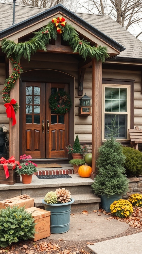 A rustic house exterior decorated for the season with wreaths, pumpkins, and potted plants.