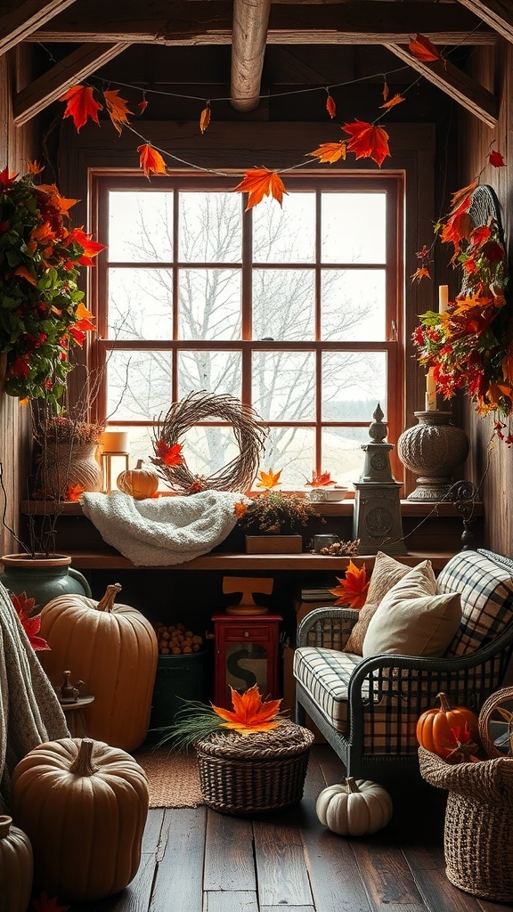 Cozy rustic cottage interior decorated for fall with pumpkins and autumn leaves.