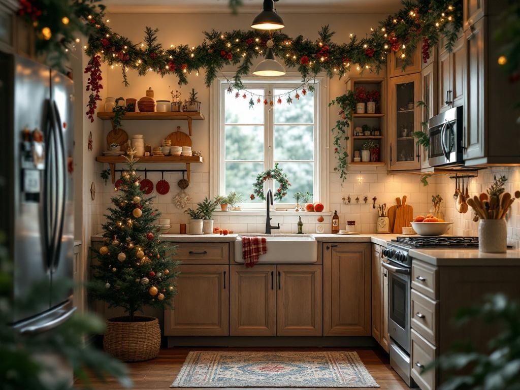 A cozy kitchen decorated for the holiday season with a small Christmas tree, garlands, and festive accents.