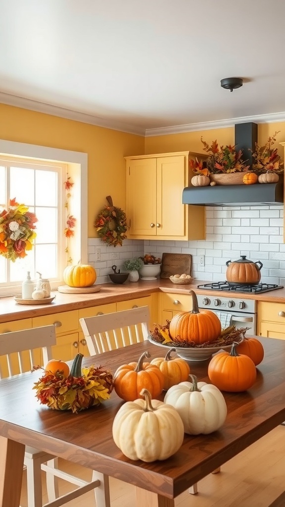 A cozy yellow farmhouse kitchen decorated with pumpkins and autumn leaves.