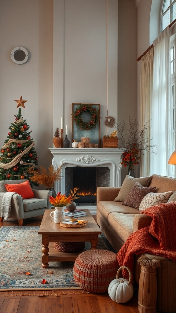 Cozy English cottage living room decorated for the season with a Christmas tree, warm colors, and autumn elements.